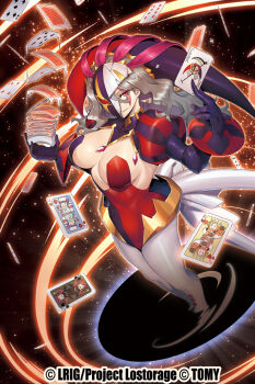 1girl black_hat black_leotard black_mask breasts card carnival_(wixoss) cleavage copyright_notice grey_hair half_mask hat holding holding_card ishibashi_yosuke jester_cap joker_(playing_card) large_breasts leotard looking_at_viewer mask multicolored_leotard official_art pantyhose playing_card red_eyes red_hat red_leotard smile solo trading_card two-tone_hat two-tone_leotard two-tone_mask white_mask white_pantyhose wixoss