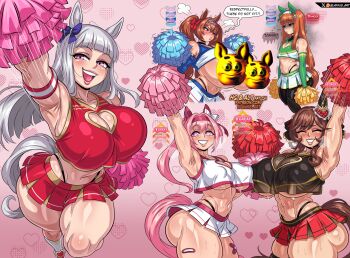 5girls :d absurdres armpits bandages blannis breasts brown_hair cheerleader cleavage_cutout clothing_cutout daiwa_scarlet_(umamusume) gold_ship_(umamusume) grass_wonder_(umamusume) haru_urara_(umamusume) heart heart_background highres midriff mood_(umamusume) multiple_girls nice_nature_(umamusume) open_mouth orange_hair panties patreon_username pink_background pink_eyes pink_hair pom_pom_(cheerleading) smile speech_bubble symbol-shaped_pupils talking umamusume underboob underwear white_hair