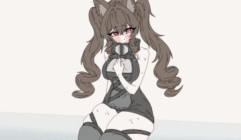 1girl alternate_breast_size_(larger) angelina_(arknights) animal_ear_fluff animal_ears animated animated_gif arknights arknights:_endfield ass ass_focus bare_shoulders belt black_panties blush breast_suppress breasts brown_hair buttprint cameltoe dayday_(day_1day) dot_nose dress drill_hair fox_ears fox_girl fox_tail from_behind getting_up gilberta_(arknights) grey_dress grey_thighhighs hair_intakes hand_on_own_chest head_blush high_belt high_collar highres large_breasts long_hair long_sidelocks looking_at_viewer muted_color panties purple_eyes red_eyes short_dress sidelocks simple_background sitting skindentation sleeveless sleeveless_dress smelling smile solo split_mouth sweat tail thick_thighs thighhighs thighs twin_drills twintails underwear white_background zettai_ryouiki