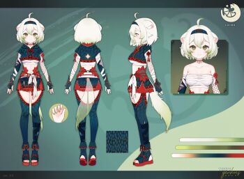 1girl ahoge animal_ears armor bandaged_arm bandaged_chest bandages bare_shoulders bob_cut chest_sarashi commentary crop_top detached_sleeves english_commentary ferret ferret_ears ferret_girl ferret_tail fishnet_sleeves fishnets gradient_hair green_hair green_nails hairband highres indie_virtual_youtuber jewelry laimu_(vtuber) laimu_(huntress)_(vtuber) midriff monster_hunter_(character) monster_hunter_(series) multicolored_hair multiple_views nargacuga_(armor) necklace official_art pink_nails pleated_skirt reference_sheet sarashi scale_armor short_hair skirt thighhighs toes tooth_necklace tunic two-tone_hair vinesauce virtual_youtuber white_hair yenkoes zettai_ryouiki