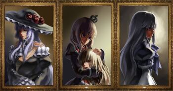 Rule 34 | 4girls, blood, column lineup, framed, frederica bernkastel, highres, hime cut, maria (umineko), md5 mismatch, multiple girls, otaku (artist), painting (object), portrait, resolution mismatch, source larger, umineko no naku koro ni, ushiromiya maria, ushiromiya rosa, virgilia (umineko)