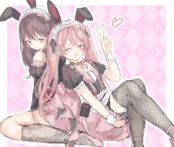 2girls animal_ears back-to-back bang_dream! bang_dream!_it&#039;s_mygo!!!!! black_hair black_thighhighs chihaya_anon commentary detached_sleeves earrings fake_animal_ears grey_eyes grey_socks heart highres jewelry latte_bf long_hair long_sleeves maid_headdress mole mole_under_eye multiple_girls outline pink_hair pink_skirt purple_eyes rabbit_ears shiina_taki short_sleeves sitting skirt socks thigh_strap thighhighs twintails v white_outline white_wrist_cuffs wrist_cuffs