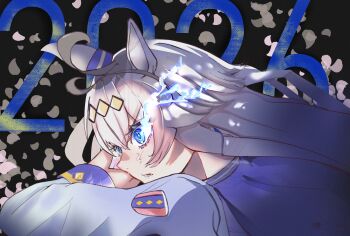 1girl absurdres ahoge anger_vein animal_ears anime_coloring bad_tag blue_cape blue_eyes cape cherry_blossoms cinderella_grey commentary english_commentary highres horse_ears horse_girl non-web_source oguri_cap_(starlight_beat)_(umamusume) oguri_cap_(umamusume) school_uniform serafuku umamusume white_hair