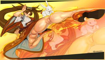 1girl absurdres ass breasts brown_eyes brown_hair cashumeru chinese_clothes commentary flying_kick guilty_gear guilty_gear_strive hair_ornament high_heels highres jacket kicking kuradoberi_jam large_breasts long_hair long_skirt open_mouth panties pink_panties rabbit red_shoes shoes skirt thick_thighs thighs underwear usagi_(guilty_gear) very_long_hair white_jacket wide_sleeves