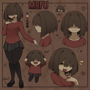 1girl :3 artist_self-insert black_eyes black_pantyhose black_skirt bra_strap brown_hair character_name reference_sheet chibi color_guide commentary commentary_request double_v english_commentary english_text hair_over_eyes hair_over_one_eye highres mafurara miniskirt original pantyhose pleated_skirt red_shirt shaded_face shirt skirt v