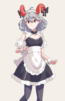 Rule 34 | 1girl, ahoge, alternate costume, apron, back bow, bare shoulders, black bow, black dress, black pantyhose, bow, closed mouth, cowboy shot, dress, ear piercing, enmaided, frilled skirt, frilled sleeves, frills, grey background, grey hair, hair between eyes, highres, horn bow, horn ornament, horns, jack (wkm74959), looking at viewer, maid, maid headdress, one-hour drawing challenge, pantyhose, piercing, pointy ears, puffy short sleeves, puffy sleeves, red horns, sheep horns, short sleeves, simple background, skirt, sleeveless, sleeveless dress, solo, standing, touhou, toutetsu yuuma, white apron, white headdress, white wrist cuffs, wrist cuffs