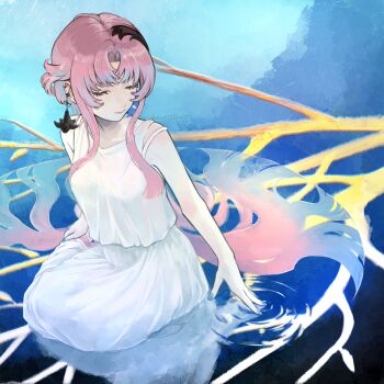 1girl absurdres bema_(sinsekai) blue_nails closed_eyes closed_mouth earrings hair_ornament hashtag-only_commentary highres jewelry kamitsubaki_studio long_hair nail_polish parted_bangs pink_hair reflection reflection_focus ripples sencharotte shirt sinsekai_record sitting skirt sleeveless sleeveless_shirt solo twitter_username very_long_hair virtual_youtuber white_shirt white_skirt yokozuwari