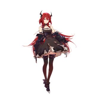 &gt;:) 1girl arknights ask_(askzy) back_bow bad_tag bare_shoulders belt black_belt black_dress black_horns black_jacket black_shoes black_thighhighs bow breasts chest_strap cleavage closed_mouth demon_girl demon_horns detached_collar dress footwear_bow full_body hair_between_eyes hair_intakes high_heels horns id_card infection_monitor_(arknights) jacket light_smile long_hair long_sleeves looking_at_viewer off_shoulder official_art pinching_sleeves pouch purple_eyes red_hair red_lips shoes simple_background sleeveless sleeveless_dress sleeves_past_wrists smile solo standing surtr_(arknights) tachi-e thigh_belt thigh_strap thighhighs third-party_source transparent_background v-shaped_eyebrows very_long_hair zettai_ryouiki