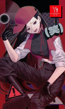 ! 1girl arm_on_knee baseball_cap black_eyes black_gloves black_hair black_pants black_shirt character_name copyright_name crop_top ear_tag earrings gloves hashtag-only_commentary hat highres jacket jewelry jumpsuit k1ui1 long_hair midriff open_jumpsuit open_mouth pants red_hat red_pupils red_trim shirt sitting synthesizer_v vimalion_pro white_jacket yi_xi_(synthesizer_v)