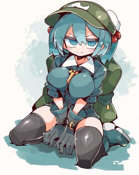 Rule 34 | 1girl, backpack, bag, black gloves, black thighhighs, blue eyes, blue shoes, blush, breasts, closed mouth, flat cap, full body, gloves, green hat, hair between eyes, hair bobbles, hair ornament, hat, highres, kawashiro nitori, key, kneeling, large breasts, looking at viewer, massakasama, shoes, simple background, sitting, smile, solo, thighhighs, touhou, two side up, v-shaped eyebrows, white background