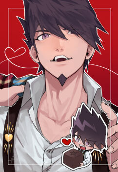 1boy alternate_costume blue_coat buttons chibi chocolate coat coat_on_shoulders collarbone collared_shirt commentary_request danganronpa_(series) danganronpa_v3:_killing_harmony dress_shirt facial_hair fingernails food gaba33 goatee hair_between_eyes happy heart heart_of_string highres holding holding_coat holding_food holding_unworn_clothes long_sleeves looking_at_viewer male_focus momota_kaito multicolored_coat multiple_views nostrils open_mouth outline oversized_food oversized_object pectoral_cleavage pectorals plaid_clothes plaid_coat purple_eyes purple_hair red_background red_coat shirt short_hair smile spiked_hair star_(symbol) suspenders teeth two-tone_coat unworn_coat upper_body white_outline white_shirt