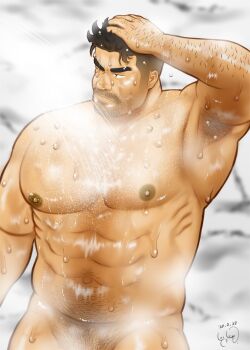 1boy abs armpits bara beard_stubble chicu cowboy_shot facial_hair hairy highres huge_pectorals looking_ahead male_focus male_pubic_hair mature_male muscular muscular_male mustache_stubble navel navel_hair nipples nude original out-of-frame_censoring pubic_hair short_hair solo steam stomach strongman_waist stubble thick_eyebrows wet wet_hair