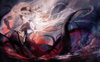 blonde_hair closed_eyes grabbing_another&#039;s_arm high_ponytail highres kalianabokalisi kiss long_hair path_to_nowhere ponytail pylgia_(path_to_nowhere) tentacles vanilla_(path_to_nowhere) very_long_hair white_background white_hair