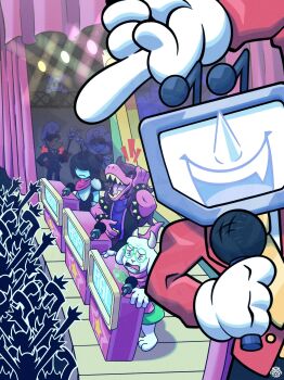 1other 2girls 4boys absurdres ant_tenna armlet armor black_hair blue_skin bracelet bromojumbo closed_eyes colored_skin colored_teeth commentary crt deltarune elnina_(deltarune) english_commentary fang furry furry_female furry_male gloves goat_boy green-framed_eyewear highres holding holding_microphone horns jacket jewelry kris_(dark_world)_(deltarune) kris_(deltarune) lanino_(deltarune) laughing long_nose medium_hair microphone multiple_boys multiple_girls necktie object_head open_mouth orange_skin pink_scarf pink_skin podium pointing pointy_nose purple_hair ralsei ramb_(deltarune) red_jacket red_necktie scarf sharp_teeth short_hair signature smile spiked_armlet spiked_bracelet spikes stage stage_lights standing susie_(dark_world)_(deltarune) susie_(deltarune) tail teeth utdr_(toby_fox) vomit white_gloves white_hair yellow_necktie yellow_teeth