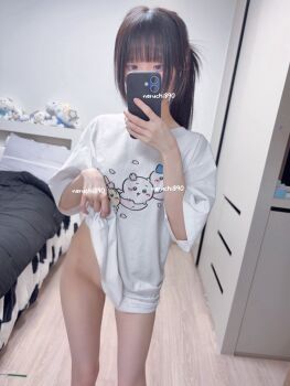 1girl bed bed_sheet bedroom bottomless clothes_lift holding holding_phone japanese_(nationality) neruchi890 no_panties phone photo_(medium) ponytail real_life selfie shirt_lift skinny stuffed_toy