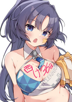 1girl :o absurdres belly blue_archive blue_eyes blue_hair blue_sports_bra blush body_writing breasts cheerleader cleavage commentary_request criss-cross_halter detached_collar dutch_angle half_updo halterneck highres holding holding_pom_poms long_hair looking_at_viewer millennium_cheerleader_outfit_(blue_archive) official_alternate_hairstyle open_mouth plump pom_pom_(cheerleading) pom_poms red_pupils side_ponytail simple_background solar_milk solo sports_bra star_(symbol) star_sticker sticker sticker_on_face sweat two-tone_sports_bra upper_body very_sweaty white_background white_sports_bra yuuka_(blue_archive)