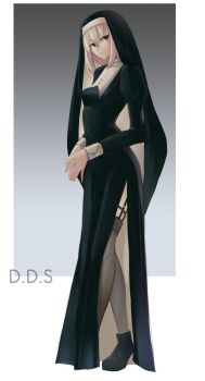 1girl ankle_boots black_boots black_dress black_headwear black_thighhighs blonde_hair boots breasts buttons catholic character_request copyright_request crossed_legs cuff_links dress fingers_together full_body garter_straps habit hair_between_eyes highres juliet_sleeves light_smile long_dress long_sleeves looking_at_viewer looking_to_the_side medium_breasts medium_hair nun original own_hands_together puffy_sleeves raynel red_eyes robe side_slit sidelocks smirk solo square standing thigh_strap thighhighs tsurime turtleneck two-sided_fabric veil watson_cross white_background