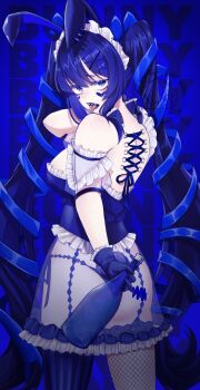 Rule 34 | 1girl, animal ears, ass, asymmetrical legwear, back, bare back, bare shoulders, blue background, blue eyes, blue gloves, blue hair, blue lips, blue panties, blue theme, blue thighhighs, bottle, breasts, colored eyelashes, commentary request, corset piercing, cowboy shot, detached sleeves, eyelashes, facepaint, fake animal ears, frilled skirt, frills, from behind, gloves, hair ribbon, highres, holding, holding bottle, kubomi 943, large breasts, lipstick, long hair, maid, maid headdress, makeup, mismatched legwear, open mouth, original, panties, rabbit ears, raised inner eyebrows, ribbon, see-through clothes, see-through skirt, see-through sleeves, sharp teeth, single fishnet legwear, skirt, strapless, striped clothes, striped thighhighs, teeth, thighhighs, thong, tongue, tongue out, twilight, twintails, underwear, vertical-striped clothes, vertical-striped thighhighs, very long hair, watermark, wrapped hair