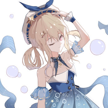 1girl back_bow bare_shoulders beret blonde_hair blue_bow blue_bowtie blue_dress blue_sleeves blue_wrist_cuffs bow bow_choker bowtie breasts bubble bubble_print bubbly_voyage_(infinity_nikki) choker cleavage closed_mouth collared_dress commentary_request cowboy_shot detached_sleeves dot_nose dress eyelashes frilled_choker frilled_wrist_cuffs frills hair_between_eyes hair_ornament hair_rings hair_tie hairclip hand_on_own_head happy hat hat_bow hat_ornament infinity_nikki looking_at_viewer medium_hair nikki_(series) one_eye_closed pink_eyes pleated_dress pleated_sleeves print_dress rabbit_hair_ornament see-through_clothes see-through_sleeves short_sleeves sidelocks simple_background smile so_ni_ni solo standing star_(symbol) star_choker star_hat_ornament star_print strapless strapless_dress striped_bow striped_clothes striped_dress vertical-striped_clothes vertical-striped_dress white_background white_choker white_hat wrist_cuffs