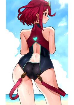 1girl absurdres ass bare_shoulders beach black_one-piece_swimsuit bob_cut cowboy_shot from_behind highres ocean one-piece_swimsuit pyra_(pro_swimmer)_(xenoblade) pyra_(xenoblade) red_eyes red_hair red_one-piece_swimsuit revision sand short_hair sleeveless sleeveless_turtleneck solo swimsuit tiara turtleneck xenoblade_chronicles_(series) xenoblade_chronicles_2 yotsuha_uni