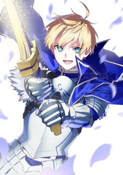 1boy ahoge aqua_eyes armor arthur_pendragon_(fate) artist_logo artist_name belt blonde_hair blue_cape blue_shirt breastplate brown_belt buttons cape commentary_request excalibur_(fate/prototype) fate/grand_order fate_(series) faulds floating_cape full_armor fur-trimmed_shirt fur-trimmed_sleeves fur_trim gauntlets hair_between_eyes hands_up highres holding holding_sword holding_weapon knight logo long_sleeves looking_at_viewer male_focus open_mouth pauldrons petals shirt short_hair shoulder_armor simple_background smile solo sword teeth tongue tsuyukusa_(eeta7273) watermark weapon white_armor white_background