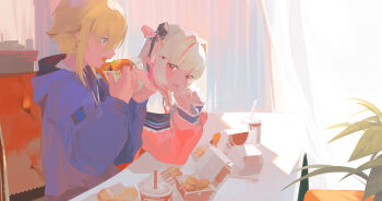 1boy 1girl absurdres alamp blonde_hair brown_hair burger colored_inner_hair commentary_request cup disposable_cup drinking_straw eating fast_food food hair_intakes highres hood hood_down hoodie indoors jacket long_hair makaino_ririmu multicolored_hair nijisanji pink_jacket short_hair smile table two-tone_hair uzuki_kou virtual_youtuber