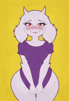 1girl bottomless commentary english_commentary furry furry_female highres horns kinggargantuas no_panties no_pants purple_shirt shirt single_horn solo toriel undertale utdr_(toby_fox)