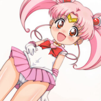 1girl bishoujo_senshi_sailor_moon blush bow brooch cameltoe chibi_usa choker double_bun earrings flat_chest gloves hair_bun hair_ornament hand_on_own_stomach heart heart_brooch heart_choker highres jewelry leotard loli long_hair looking_at_viewer open_mouth pink_hair pink_skirt red_bow red_eyes sailor_chibi_moon skirt smile standing t_jiroo_(ringofriend) tiara twintails upskirt white_background white_gloves white_leotard