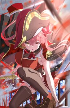 Rule 34 | 1girl, absurdres, bicorne, black hat, black jacket, breasts, buttons, commentary request, epaulettes, hat, heterochromia, highres, holding, holding sword, holding weapon, hololive, houshou marine, houshou marine (1st costume), jacket, jacket on shoulders, railing, red eyes, red hair, red skirt, see-through cleavage, see-through clothes, skirt, solo, sword, thighhighs, virtual youtuber, visitofsiki, weapon, yellow eyes