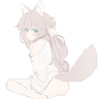 1girl absurdres animal_ear_fluff animal_ears ass bare_shoulders blue_eyes commentary_request from_behind grey_hair highres long_hair looking_at_viewer looking_back no_panties off_shoulder original riya_(01214) shirt short_sleeves simple_background sitting solo tail very_long_hair wariza white_background white_shirt