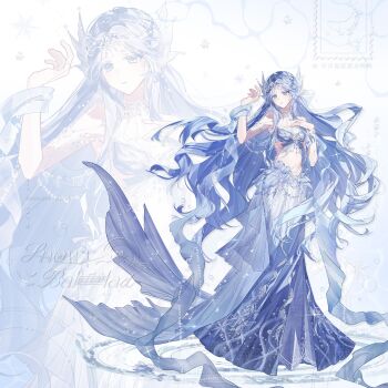 1girl bikini blue_bikini blue_eyes blue_skirt chinese_commentary circlet colored_eyelashes commentary_request commission fake_tail fins fish_tail full_body hand_on_own_chest hand_up head_fins infinity_nikki long_hair long_skirt looking_to_the_side mermaid_costume navel nikki_(series) parted_lips pleated_skirt postage_stamp print_skirt ripples sakura73258 sample_watermark skirt snowflake_print snowy_ballad_(infinity_nikki) solo sparkle standing standing_on_liquid stomach swimsuit tail very_long_hair water watermark wavy_hair white_background zoom_layer