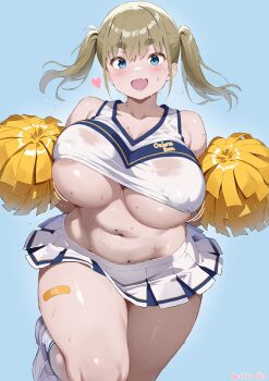 Rule 34 | 1girl, :d, areola slip, aymusk, bandaid on thigh, bare arms, blonde hair, blue background, blue eyes, blush, breasts, cheerleader, clothes lift, collarbone, commentary request, covered erect nipples, fang, freckles, freckles-chan (aymusk), hair between eyes, heart, highres, holding, holding phone, huge breasts, looking at viewer, midriff, mole, mole on stomach, navel, open mouth, original, phone, pom pom (cheerleading), shirt, shirt lift, shoes, short hair, simple background, skirt, smile, socks, solo, standing, standing on one leg, sweat, thick eyebrows, thick thighs, thighs, twintails, underboob, wet, wet clothes, wet shirt, white shirt, white shoes, white skirt, white socks