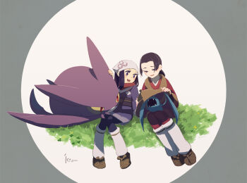 1boy 1girl akari_(pokemon) alpha_pokemon bat_(animal) black_hair black_pantyhose black_sash blue_coat border coat colored_sclera crobat fangs full_body galaxy_expedition_team_survey_corps_uniform gen_1_pokemon gen_2_pokemon grey_border grey_eyes headscarf isutai leg_warmers long_hair looking_at_another nintendo on_grass open_mouth pants pantyhose pokemon pokemon_(creature) pokemon_legends:_arceus ponytail red_coat red_eyes red_pants red_scarf sandals sash scarf security_corps_(pokemon) sidelocks simple_background sitting white_background white_headscarf white_leg_warmers yellow_sclera zubat