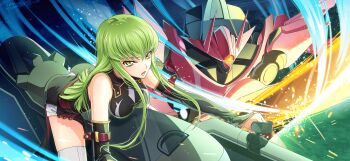 1girl akatsuki_(code_geass) artist_request bare_shoulders black_shirt black_sleeves breasts c.c. code_geass code_geass:_lost_stories detached_sleeves female_focus game_cg green_hair hair_between_eyes hanging_breasts highres leaning_forward long_hair long_sleeves looking_afar mecha medium_breasts night non-web_source official_art one-eyed open_mouth orange_eyes outdoors piloting robot shirt short_shorts shorts sidelocks sitting sleeveless sleeveless_shirt solo sparks thighhighs thighs white_shorts white_thighhighs yellow_eyes