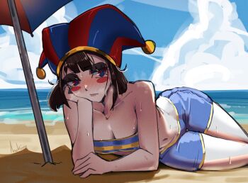 1girl :/ absurdres beach black_hair blue_eyes blue_shorts blue_sky blush blush_stickers breasts cleavage cloud colored_skin commentary english_commentary hat head_rest highres jester_cap medium_hair mokimolewds multicolored_eyes navel ocean pomni_(the_amazing_digital_circus) red_eyes shade shorts signature sky smile solo striped_hat the_amazing_digital_circus two-tone_eyes white_skin
