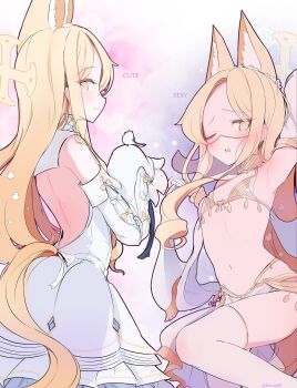 1girl absurdres alternate_costume animal_ear_fluff animal_ears armpits back bare_shoulders belly_dancing bird blonde_hair blue_archive blush cross_halo dancer detached_sleeves dress ear_wreath extra_ears flower_wreath forehead fox_ears fox_girl gloves gradient_eyes halo highres loli long-tailed_tit long_hair looking_at_viewer multicolored_eyes multiple_views navel one_eye_closed sakurano_rocco seia_(blue_archive) sleeves_past_fingers sleeves_past_wrists tail thighhighs tit_(bird) very_long_hair white_bird wide_sleeves yellow_eyes yellow_halo