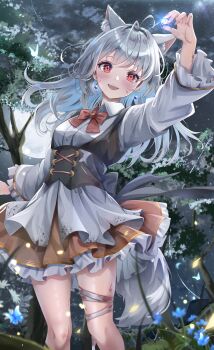 1girl :d aizawa_(aizawatsu) animal_ear_fluff animal_ears antenna_hair back_bow bandaged_leg bandages black_bow black_corset black_vest blood blood_on_face blood_on_leg blue_butterfly blue_flower bow bowtie breasts brown_skirt bug butterfly collared_shirt commentary commission corset feet_out_of_frame floral_print flower forest full_moon gold_trim grey_hair highres holding_orb insect long_hair long_sleeves medium_breasts moon nature night open_mouth original outdoors print_shirt red_bow red_bowtie red_eyes shirt skirt smile solo standing tail tree vest white_shirt wolf_ears wolf_girl wolf_tail