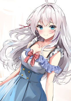 1girl absurdres ahoge aizawa_(aizawatsu) alisa_mikhailovna_kujou aqua_eyes blue_dress bow breasts commentary dress highres light_smile long_hair looking_at_viewer red_bow simple_background solo tokidoki_bosotto_roshia-go_de_dereru_tonari_no_alya-san upper_body white_background white_hair