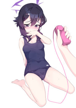 1girl absurdres blue_archive blush breasts clitoral_stimulation hair_ornament halo haruka_(blue_archive) highres purple_eyes purple_halo raguredo school_swimsuit sex_toy solo swimsuit vibrator vibrator_on_clitoris vibrator_under_clothes white_background