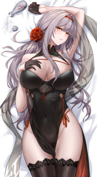 1girl black_gloves black_thighhighs bottle breasts cleavage comiket_107 commentary_request dakimakura_(medium) fingerless_gloves flower gloves goddess_of_victory:_nikke grey_hair hair_flower hair_ornament hairband highres large_breasts long_hair lying nr_noir on_back red_eyes red_flower red_hairband red_rose rose sake_bottle scarlet_(black_shadow)_(nikke) scarlet_(nikke) solo thighhighs thighs very_long_hair