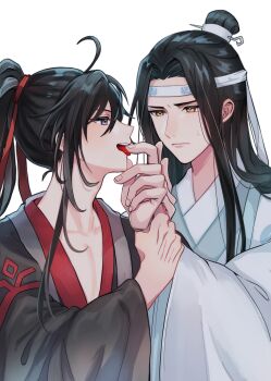 2boys ahoge aslle bishounen black_hair black_hanfu chinese_clothes closed_mouth collarbone commentary_request couple finger_to_another's_mouth hair_ribbon hanfu headband high_ponytail highres holding_another's_wrist lan_wangji licking licking_another's_finger long_hair long_sleeves looking_at_another male_focus modao_zushi multiple_boys open_mouth pectoral_cleavage pectorals ponytail profile purple_eyes red_ribbon ribbon robe sidelocks simple_background smile sweatdrop tongue tongue_out topknot upper_body wei_wuxian white_background white_hanfu white_headband wide_sleeves xiao_guan_(headdress) yaoi yellow_eyes