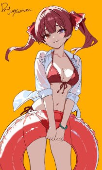1girl bikini blush breasts cleavage collarbone covered_navel dr._junyaman heterochromia highres hololive houshou_marine inflatable_toy long_hair medium_breasts purple_eyes red_bikini red_eyes shirt side-tie_bikini_bottom smile standing stomach swimsuit thigh_gap twintails unbuttoned unbuttoned_shirt virtual_youtuber white_shirt yellow_background