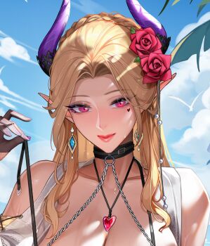 Rule 34 | 1girl, black choker, breasts, chelsea (witch company), choker, cleavage, close-up, cloud, collarbone, demon girl, earrings, eyelashes, facial mark, flower, gloves, hair flower, hair ornament, heart, heart facial mark, heart necklace, horns, jewelry, large breasts, lips, necklace, palm leaf, pink eyes, pointy ears, purple horns, purple nails, red flower, red rose, rose, see-through clothes, see-through gloves, sky, solo, tsuki no i-min, virtual youtuber, witch company project