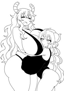 2girls ass breasts dragon_girl dragon_horns eduardo31267693 height_difference horns huge_breasts ilulu_(maidragon) kobayashi-san_chi_no_maidragon long_hair lucoa_(maidragon) monochrome multiple_girls shortstack size_difference thick_thighs thighs very_long_hair