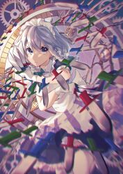 Rule 34 | 1girl, absurdres, apron, back bow, between fingers, blurry, bow, braid, broken glass, clock, commentary, crack, gears, glass, gloves, green bow, grey hair, hair bow, highres, holding, holding knife, izayoi sakuya, knife, knives between fingers, kurobikari, long hair, looking at viewer, maid, maid apron, maid headdress, pocket watch, short sleeves, solo, touhou, twin braids, waist apron, watch, white gloves