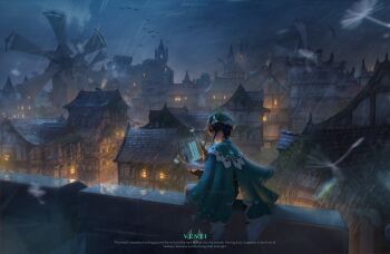 1boy 3d black_hair braid building cape capelet cecilia_flower_(genshin_impact) cloud dark_cloud dionapink english_text european_architecture flower genshin_impact green_cape green_capelet green_hat hat hat_flower highres holding holding_instrument holding_lyre house instrument lyre mondstadt_city night night_sky overcast rain rooftop short_hair sky solo storm tile_roof venti_(genshin_impact) white_flower wind windmill window_light