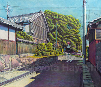 aichi_prefecture artist_name blue_sky building bush colored_pencil_(medium) commentary_request copyright_notice day hayashi_ryouta no_humans original outdoors power_lines real_world_location road road_sign scenery shade sign sky street traditional_media tree urban utility_pole watermark