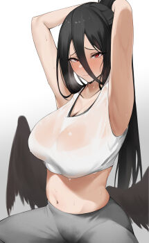 1girl almondman armpits arms_up black_hair black_wings blue_archive blush breasts crop_top hair_between_eyes hasumi_(blue_archive) highres huge_breasts long_hair looking_at_viewer mole mole_under_eye navel pants red_eyes shirt solo sweat very_long_hair wet wet_clothes white_shirt wings yoga_pants