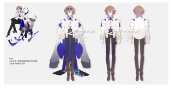 1boy belt black_pants brown_hair capelet chinese_commentary chinese_text coat collared_shirt commentary_request english_text eyewear_on_head faceless full_body gloves grey_background hair_between_eyes highres liulianjingrua long_sleeves male_focus multicolored_hair multiple_views open_clothes original pants reference_sheet round_eyewear shirt shoes simple_background virtual_youtuber white_shirt