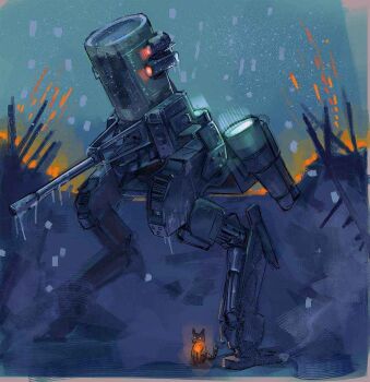 artillery atmospheric_perspective birdymp4 blue_theme brush_stroke cannon cat color_contrast commentary english_commentary glowing_animal haze horizon icicle jpeg_artifacts machinery mecha mecha_focus no_humans non-humanoid_robot original outdoors painterly projectile_trail reverse-jointed_legs robot science_fiction snow snowing standing walker_(robot) winter